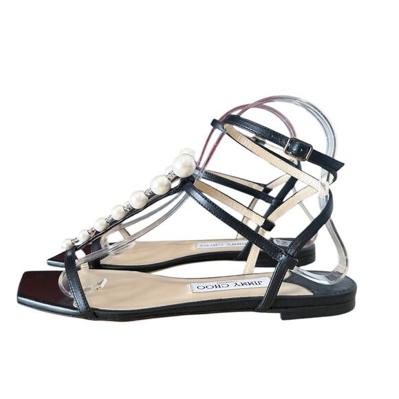 Jimmy Choo Amari Black Leather Pearl Ankle Wrap Sandals 36.5 - Picture 4 of 12